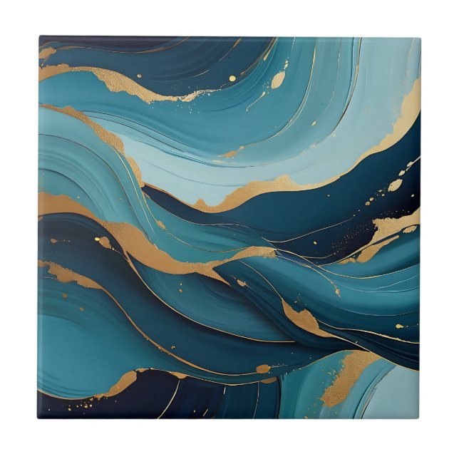 Luxury Navy Teal Gold Fluid Abstract Pattern Tile (Front)