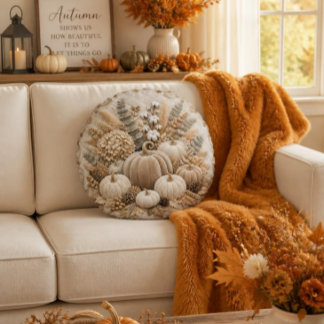 Luxury Neutral Fall Pumpkin Embroidery Round Pillow