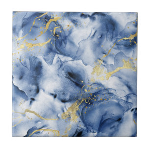 Luxury Ocean Blue and Gold Alcohol Ink Fluid Tile