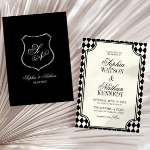 Luxury Old Money Black Vintage Ivory Wedding Invitation