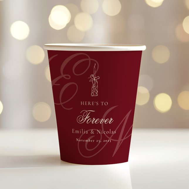 Luxury Old Money Monogram Red Calligraphy Wedding Paper Cups (Creator Uploaded)