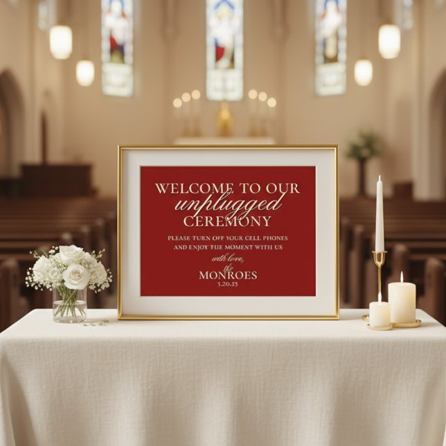 Luxury Old Money Red Unplugged Wedding Ceremony Poster (Set a graceful tone for your ceremony with this Old Money Bold Red Unplugged Ceremony Sign!)