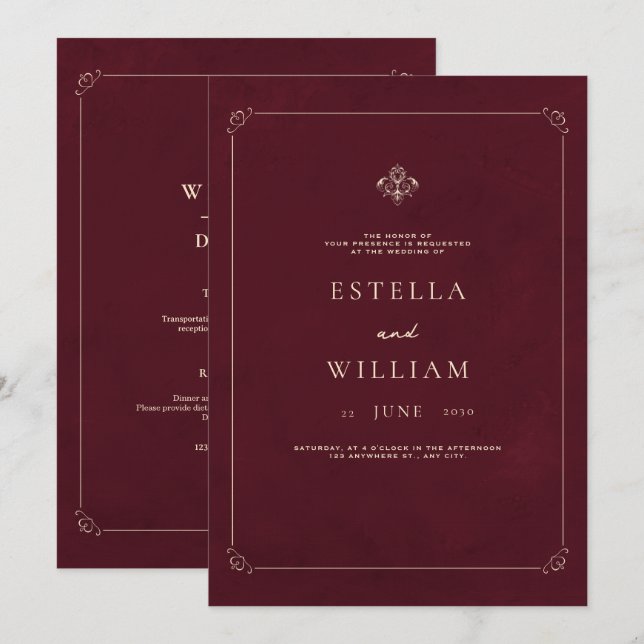 Luxury Old Money Wedding Burgundy Classic Wedding Invitation (Front/Back)
