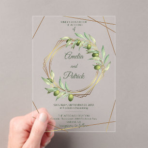 Luxury Olive Branch Geometric Gold Wedding Acrylic Invitations