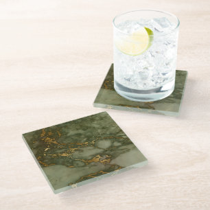 Luxury Olive Green and Gold Marble Glass Coaster