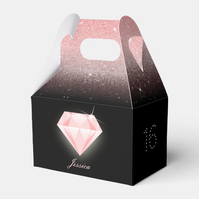 Luxury Ombre Pink Glitter Diamond Birthday Black Favor Box (Front Side)