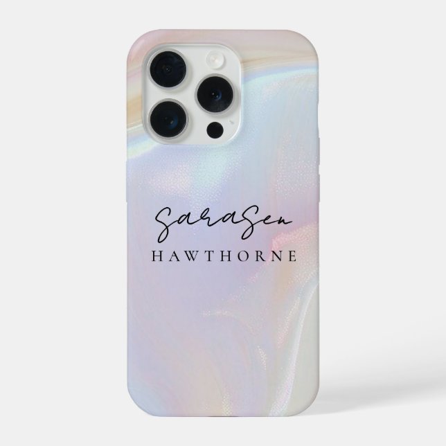 Luxury Opal Shell Holographic Elegant Script Name iPhone Case (Back)