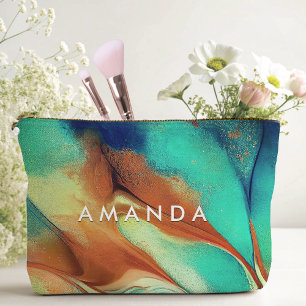 Luxury orange aqua faux gold glitter marble art  accessory pouch