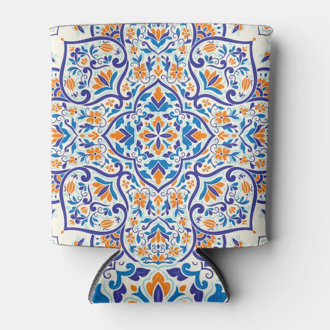 Luxury Orange Blue Ornament Pattern Can Cooler (Front)
