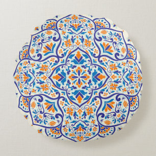 Luxury Orange Blue Ornament Pattern Round Pillow
