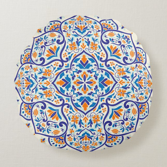 Luxury Orange Blue Ornament Pattern Round Pillow (Front)