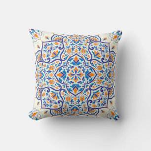 Luxury Orange Blue Ornament Pattern Throw Pillow