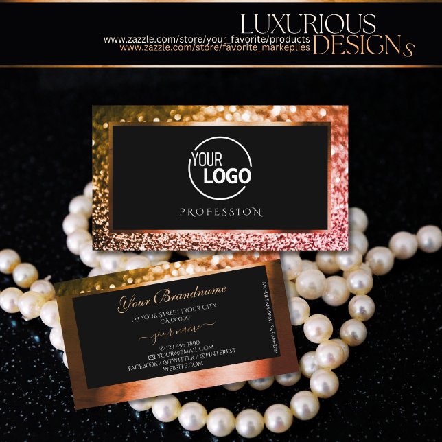 Luxury Orange Pink Ombre Glitter Black with Logo Business Card (Creator Uploaded)