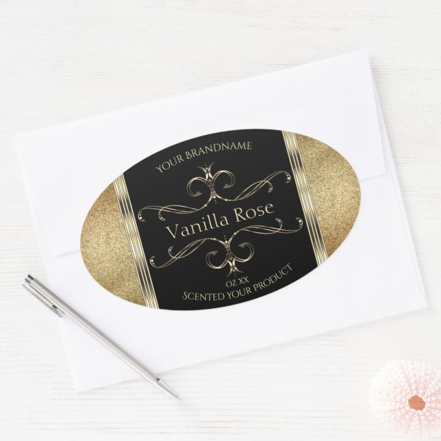 Luxury Ornamental Gold Glitter Black Product Label (Envelope)