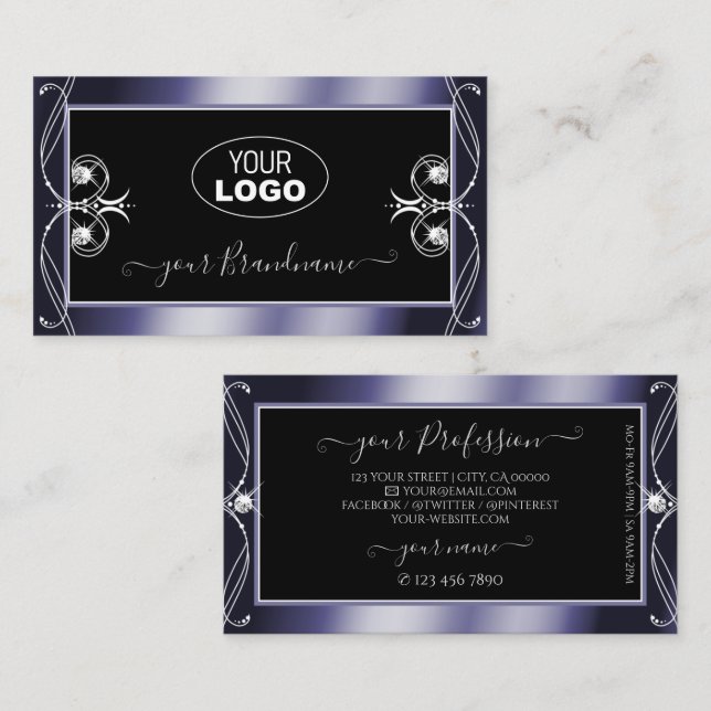Luxury Ornate Black Blue Sparkle Diamonds Add Logo Business Card (Front/Back)