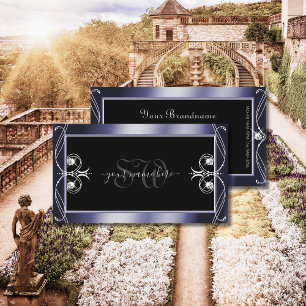 Luxury Ornate Black Blue Sparkle Diamonds Initials Business Card