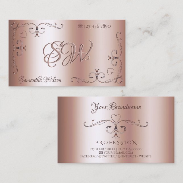Luxury Ornate Corner Borders Initials Rose Gold Business Card (Front/Back)