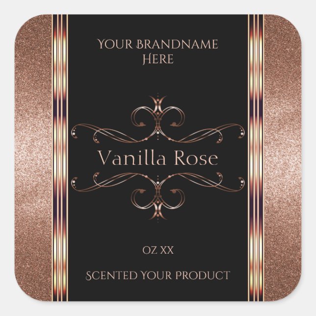 Luxury Ornate Rosegold Glitter Black Product Label (Front)