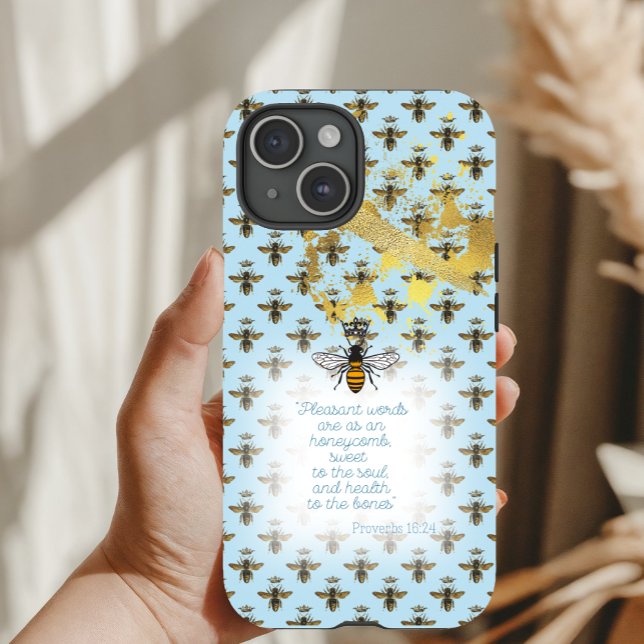 Luxury Pastel Blue Gold Bee Grid Faith Queen Bee Case-Mate iPhone Case (Creator Uploaded)