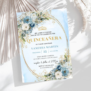 Luxury Pastel Blue Gold Eucalyptus Quince Invites