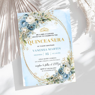 Luxury Pastel Blue Gold Eucalyptus Quinceañera Invitation