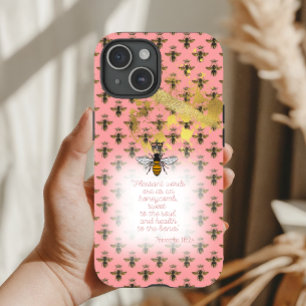 Luxury Pastel Coral Gold Bee Grid Faith Queen Bee iPhone 15 Case