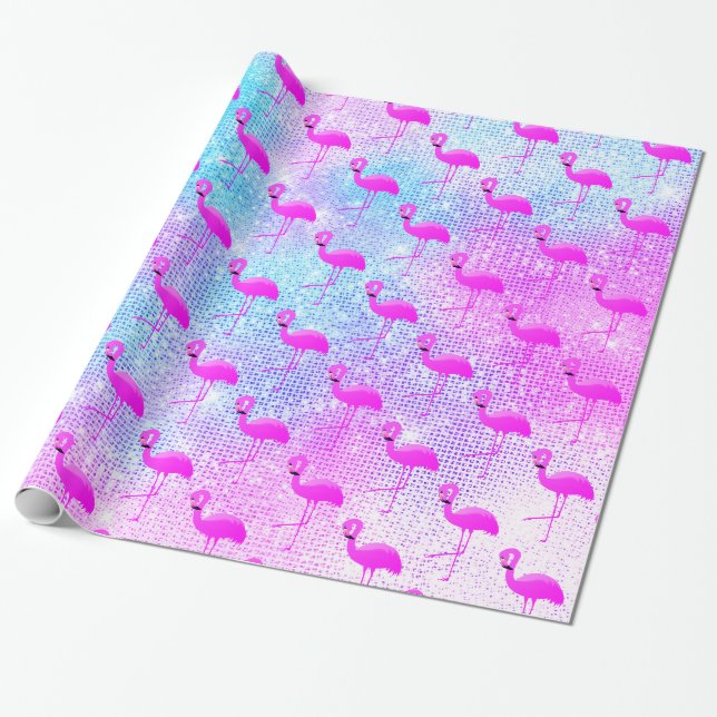 LUXURY PASTEL GLITTER SPLATTER FLAMINGO  WRAPPING PAPER (Unrolled)