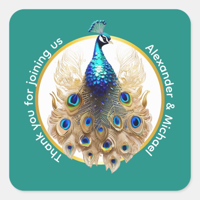 Luxury peacock blue gold thank you 5D chic Square Sticker (Front)