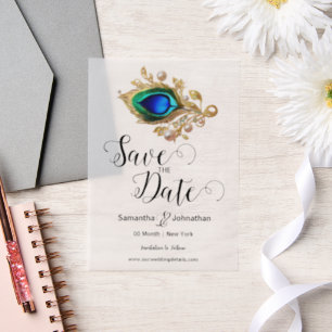 Luxury peacock feather pearl overlay elegant vellum invitations