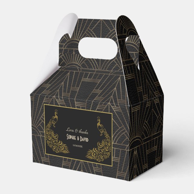 Luxury Peacock Gold Black Art Deco Wedding Favor Box (Front Side)