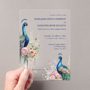 Luxury Peacock Pink Roses Wedding Acrylic Invitations