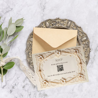 Luxury Pearl Lace Elegant Wedding QR Code RSVP Card