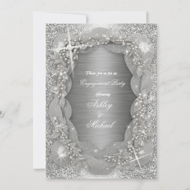 luxury pearls foil silver feminine sparkly shine invitation (Front)