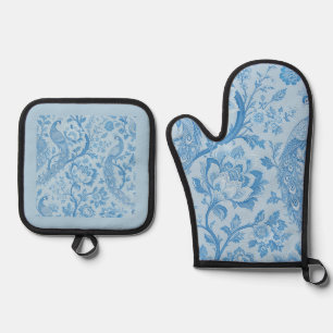 Luxury Persian Pale Peacock Blue Pattern Oven Mitt & Pot Holder Set
