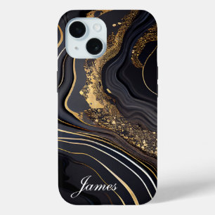 Luxury Personalized Black And Gold Marble  iPhone 15 Case