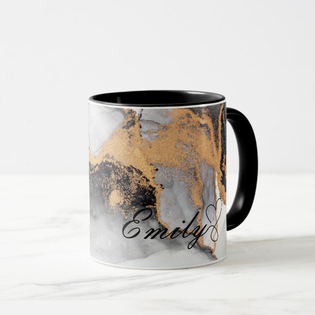 Luxury Personalized Black & Gold Watercolor Marble Mug (Front Right)