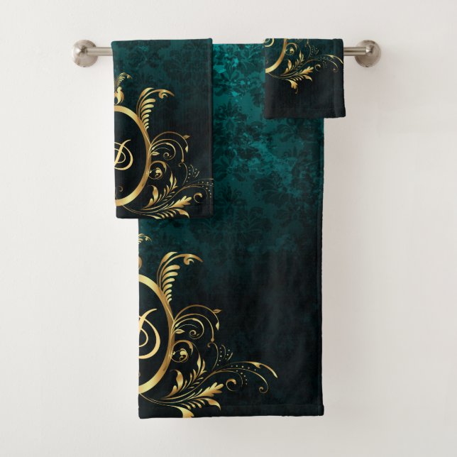 Luxury Personalized Damask gold Frame Bath Towel Set (Insitu)