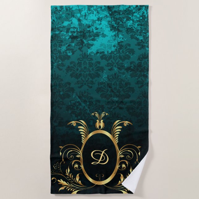 Luxury Personalized Damask gold Frame Beach Towel (Front)