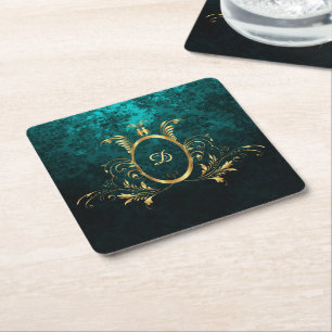Luxury Personalized Damask gold Frame Square Paper Coaster