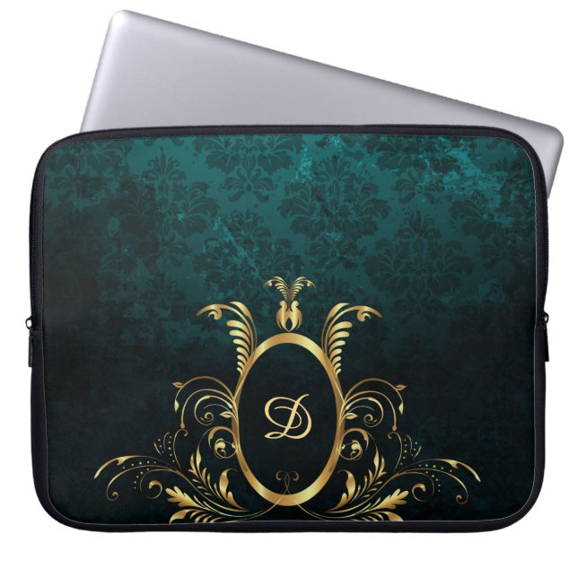 Luxury Personalized Damask Turquoise Laptop Sleeve (Front)