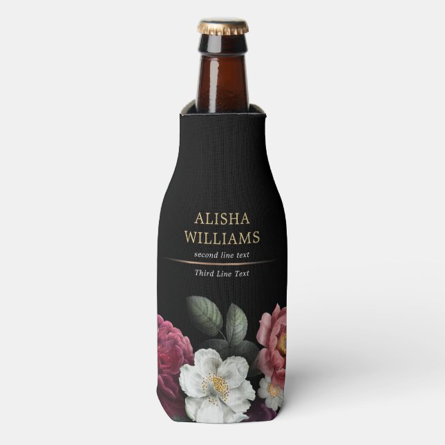 Luxury Personalized Floral Gold Black Bottle Cooler (Bottle Front)