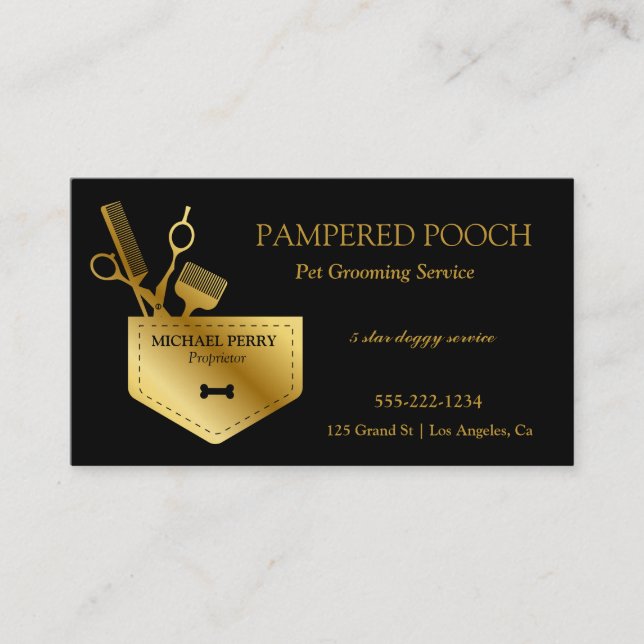 Luxury Pet Grooming Black Gold Appointment Card (Front)