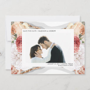 Luxury Photo Floral Marble Glitter Wedding Save The Date