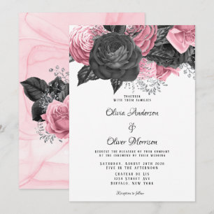 Luxury Pink and Black Floral Inking Wedding Invitation