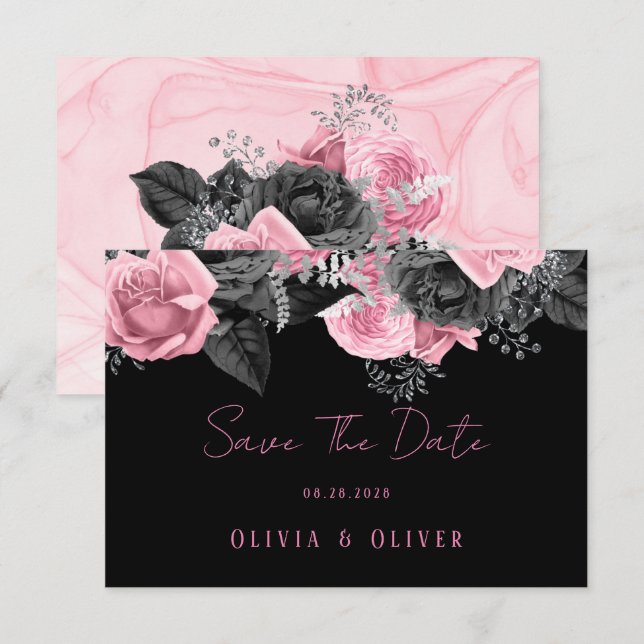 Luxury Pink and Black Floral Inking Wedding Save T The Date (Front/Back)