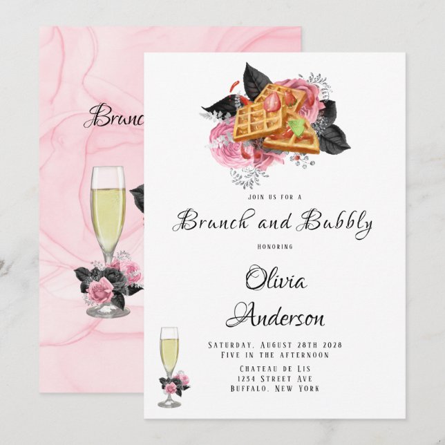 Luxury Pink Black Floral Inking Brunch & Bubbly Invitation (Front/Back)
