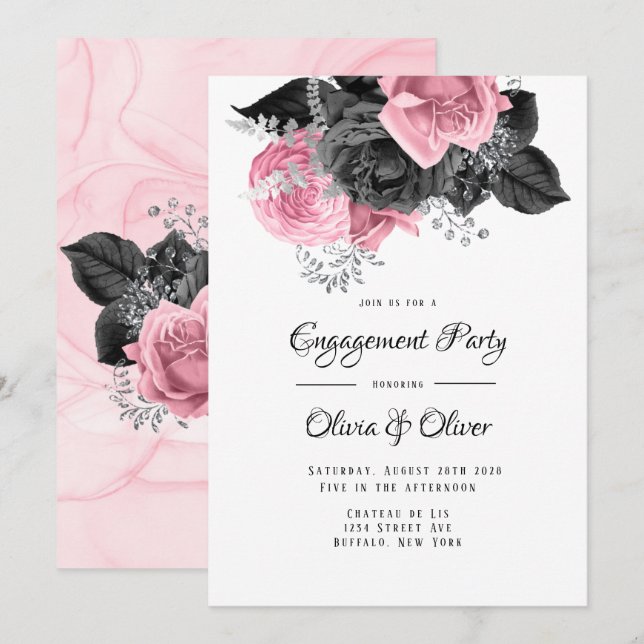 Luxury Pink Black Floral Inking Engagement Party   Invitation (Front/Back)