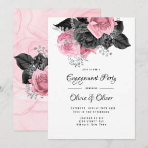 Luxury Pink Black Floral Inking Engagement Party   Invitation