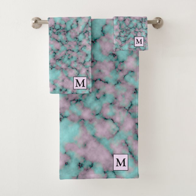 Luxury Pink Blue Marble Monogrammed Bath Towel Set (Insitu)
