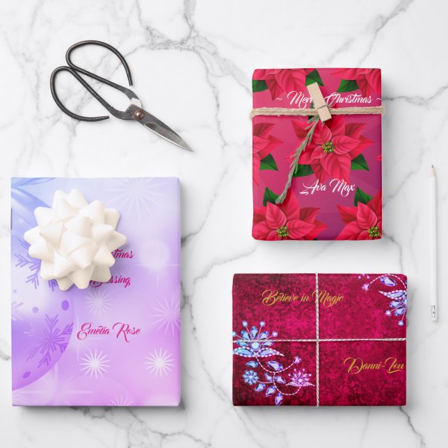Luxury Pink & Blue Merry Christmas Holiday Spirit Wrapping Paper Sheet (Front)